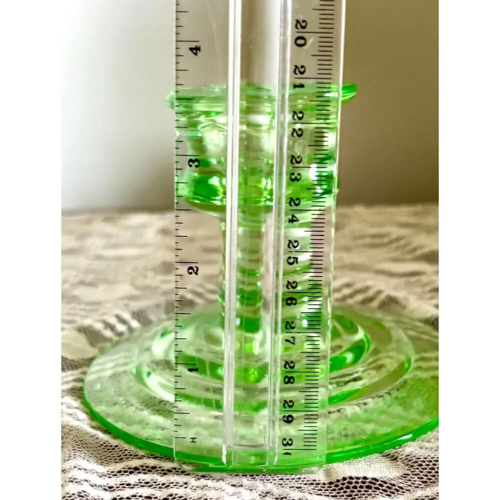 Pair Vintage Uranium Glass Candlesticks UV Reactive Green Candle Holders